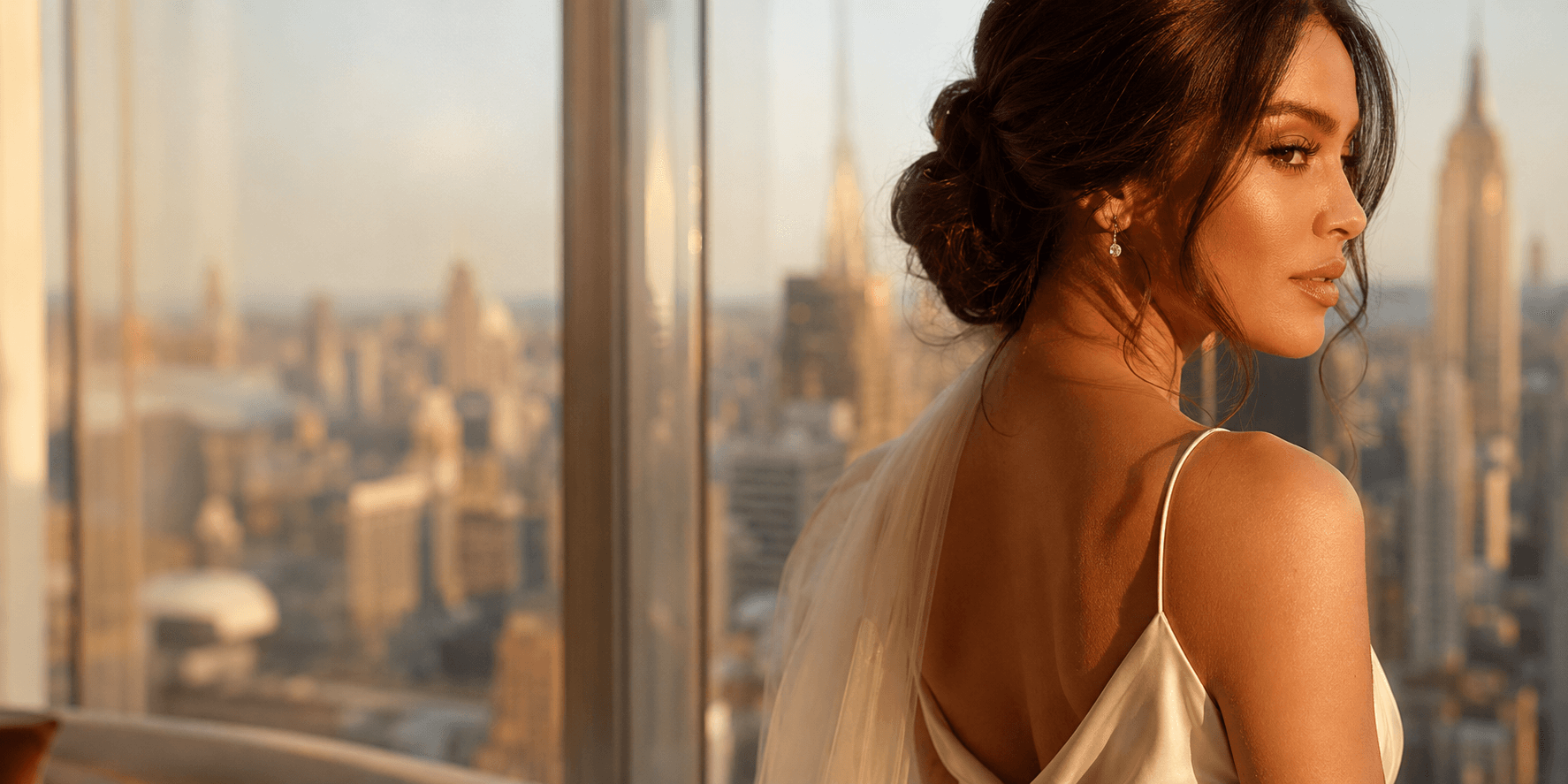 Novia frente al skyline de NYC